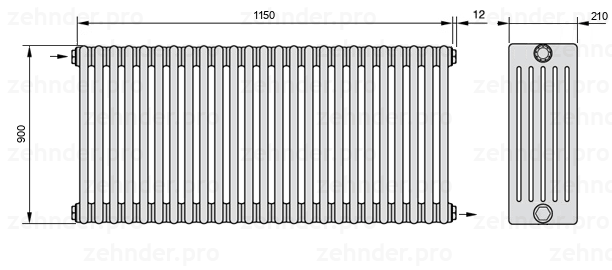 Схема (чертеж) Радиатор Zehnder Charleston 6090/25 №1670 Белый глянцевый RAL 9016